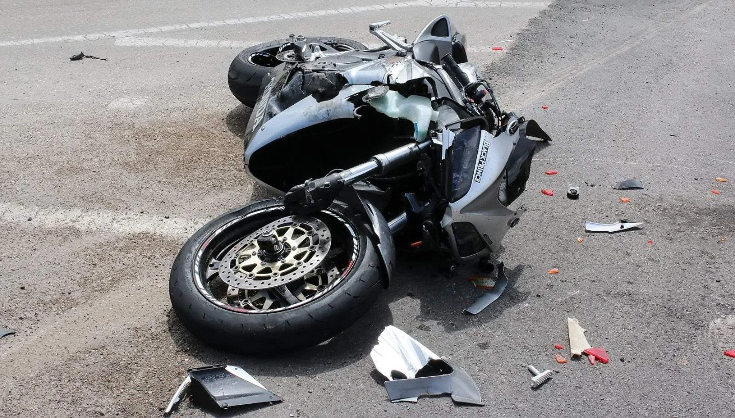 Motorcycle damaged in a roadway collision