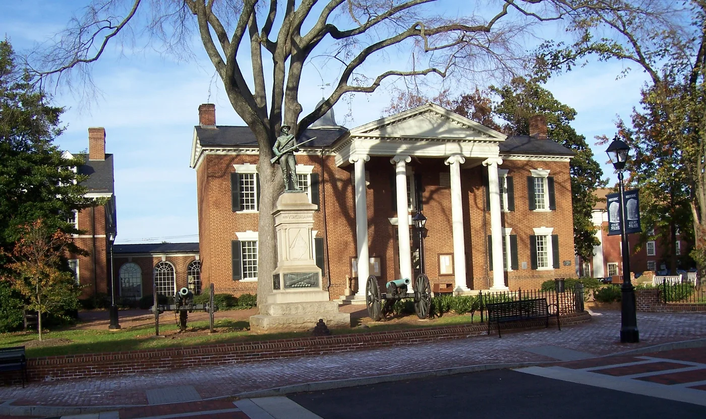Historic Albemarle County Courthouse at Court Square, with its brick facade and white columns, photographed in 2010